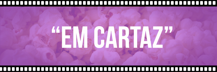 Imagem com bordas pretas com quadrinhos brancos, simulando o rolo dos filmes antigos, e com aplicação de um filtro roxo sobre a fotografia de pipocas. Ao centro, há os dizeres 