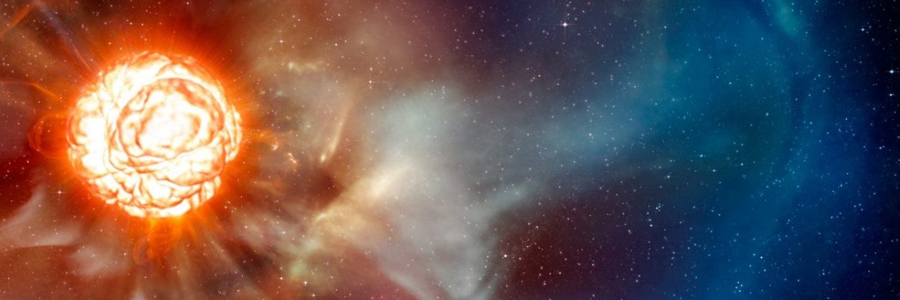 Imagem com o fundo estrelado de espaço sideral. No canto esquerdo da imagem a representação de uma explosão, na cor vermelho fogo. 