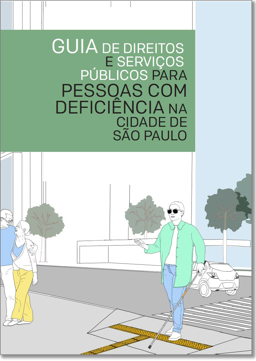 pessoa cega atravessa uma avenida com faixa de pedestre e guia rebaixada. Ele usa uma bengala branca.