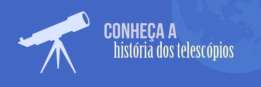 Imagem com fundo azul. À esquerda, há a figura de um telescópio e, à direita, a frase: 