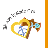 Logo da instituição, formado pelo nome Ilê Asé Iyalode Oyo escrito em preto, acima de uma lustração de um coração de borda amarela e preenchimento transparente, com um arco e flecha azul ao centro. Ao lado direito do coração, há uma ilustração de um machado com um peixo azul na ponta direita da ferramenta.