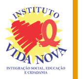 Logo do Instituto Vida Nova, formado pela palavra INSTITUTO, escrita toda em maiúscula e em azul escuro. Abaixo há um sol amarelo de fundo, à frente um coração rabiscado de vermelho e ao lado o laço da aids, mas na cor roxa. Abaixo há o texto VIDA NOVA, escrito todo em maiúsculo e em azul escuro. Abaixo dessa composição, há o texto INTEGRAÇÃO SOCIAL, EDUCAÇÃO E CIDADANIA, também escrito todo em maiúsculo e em azul escuro.