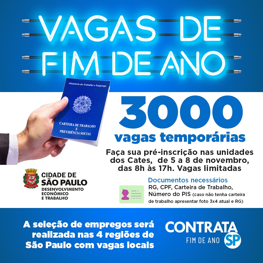 Imagem indicando vagas de emprego para o período de fim de ano, com o logo da Cidade de São Paulo posicionado ao lado esquerdo e uma mão masculina segurando a carteira de trabalho e previdência social
