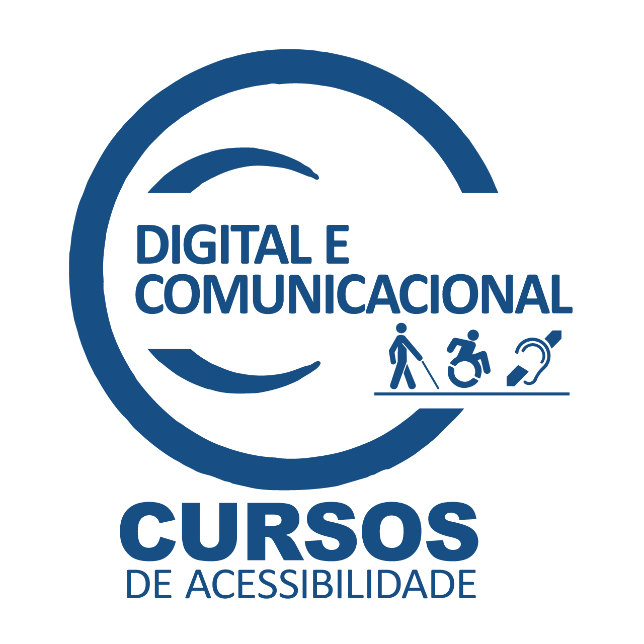 fundo branco com a ilustração do logotipo do Curso de Acessibilidade Digital e Comunicacional com símbolos de acessibilidade dentro de um círculo na cor azul escuro. 