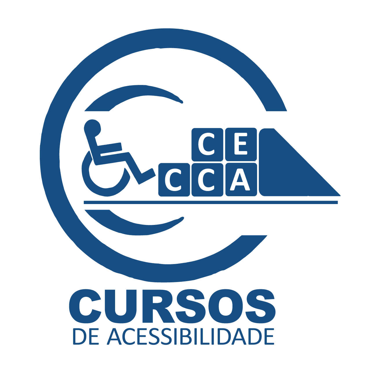 fundo azul com a ilustração do logotipo do Curso CECCA - Curso de Acessibilidade, formam um círculo e com um símbolo de acessibilidade de acesso na cor azul com destaque. 
