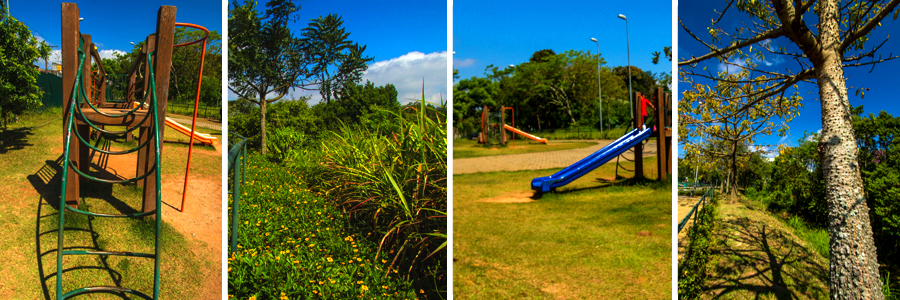 Um retângulo com quatro fotografias dentro, separadas por uma fina linha branca. A primeira foto escada verde do parquinho, a segunda foto arbustos altos e verdes com pequenas flores amarelas, a terceira foto um escorregador azul e outro laranja sobre a grama, a quarta foto árvores com folhas verdes sobre a grama.