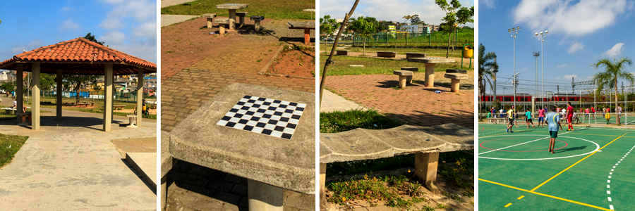 Um retângulo com quatro fotografias dentro, separadas por uma fina linha branca. A primeira foto quiosque com telhas laranja, a segunda foto mesa de concreto com tabuleiro de xadrez em azulejo no centro, a terceira foto banco de concreto sobre a grama, a quarta foto grupo de pessoas jogando futebol na quadra de chão verde.