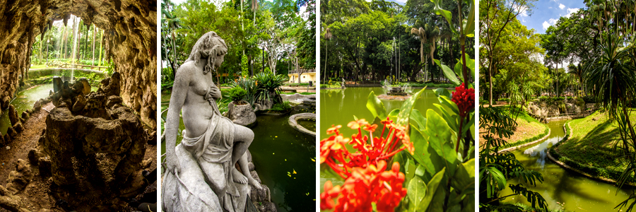 Um retângulo com quatro fotografias dentro, separadas por uma fina linha branca. A primeira foto dentro de uma pequena gruta, a segunda foto de uma escultura, de uma mulher sentada, sobre a fonte, a terceira foto de pequenas flores vermelhas e a fonte ao fundo, a quarta foto do lago com contorno de grama verde e algumas árvores.