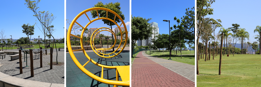 Um retângulo com quatro fotografias dentro, separadas por uma fina linha branca. A primeira foto de um espaço aberto com bancos, mesa e banquinhos de concreto ao fundo grama verde, a segunda foto de uma escultura amarela em espiral e o parquinho ao fundo, a terceira foto da pista de corrida e árvores com folhas verdes ao redor, a quarta foto um campo aberto com chão de grama verde e árvores compridas com folhas verdes.