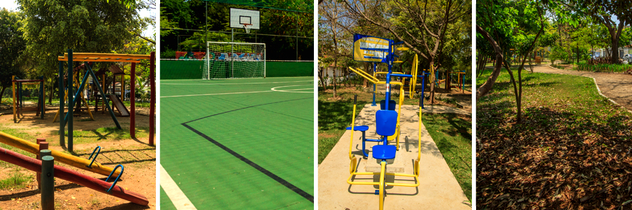 Um retângulo com quatro fotografias dentro, separadas por uma fina linha branca. A primeira foto do parquinho, a segunda foto quadra poli esportiva, a terceira foto equipamento da academia da terceira idade, a quarta foto grama verde, com árvores ao fundo e folhas secas no chão.