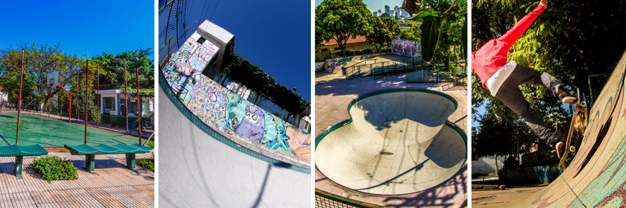 Um retângulo com quatro fotografias dentro, separadas por uma fina linha branca. A primeira foto sendo de uma parte da quadra de basquete mostrando a cesta, a segunda foto mostrando um muro com grafite caricato em tons de roxo, verde, laranja e bege. A terceira foto de uma pista de skate cinza e ladrilhos verdes nas bordas, a quarta foto um homem com blusa vermelha andando de skate.