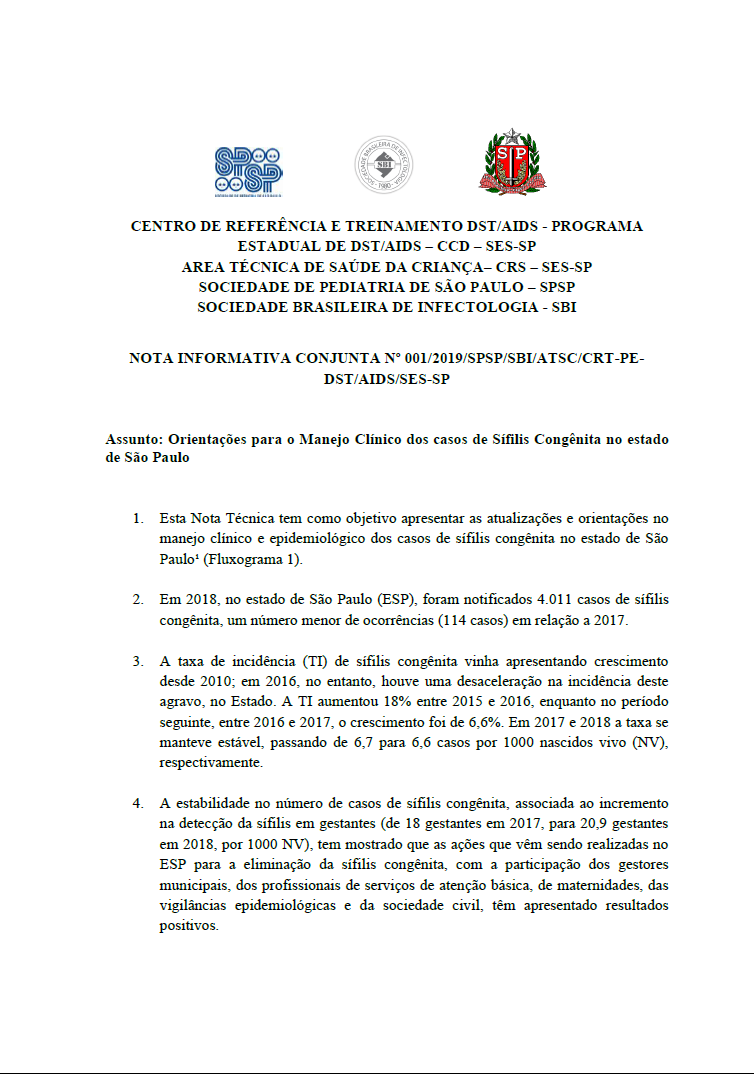 Pra Cego Ver: Imagem da primeira página da nota técnica do Estado de São Paulo sobre casos de sífilis congênita. Há apenas texto e logos no topo da página.