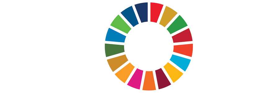 Imagem com fundo branco. Ao centro, está o círculo que simboliza os 17 Objetivos do Desenvolvimento Sustentável (ODS), composto por tons de vermelho, amarelo, verde, laranja, rosa e azul.