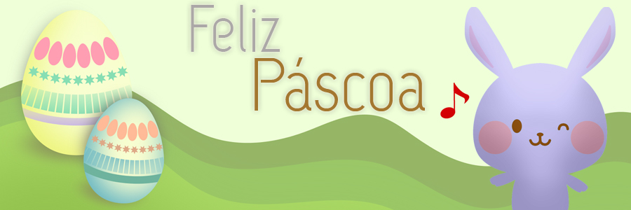 Arte com um ovos de Páscoa amarelo e azul à esquerda, enfeitado nas cores rosa, verde e laranja. À direita, há um coelhinho roxo piscando o olho. Ao centro, está a frase: 