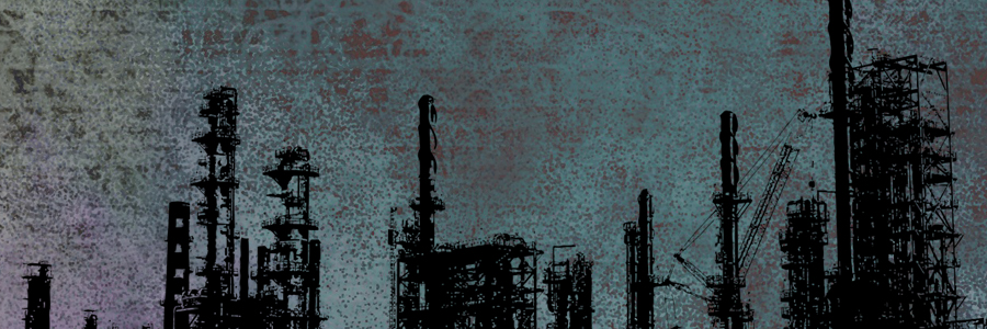 Arte com fundo em tons escuros de cinza, roxo, azul e verde. Na parte inferior, há a sombra na cor preta das estruturas de uma refinaria de petróleo, como torres e andaimes.