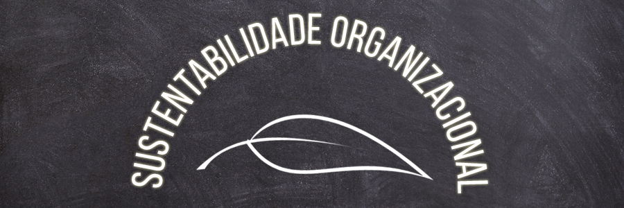 Imagem escura simulando um quadro negro. No centro, está o desenho de uma folha em efeito de giz. Em forma curva, com o mesmo efeito, está a frase: “Sustentabilidade organizacional”.