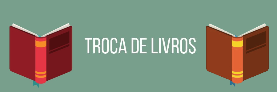 Arte de fundo verde. À esquerda, está a figura de um livro aberto, com capa e contracapa vermelhas. Ao centro, estão aplicados os dizeres "Troca de Livros" em letras brancas.