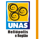 Logo da instituição formado por um retângulo azul, com o texto UNAS em branco na parte inferior e um quadrado amarelo ao centro com três ilustrações circulares em preto simbolizando rostos de pessoas. Abaixo dessa composição, há o texto em preto Heliópolis e Região.