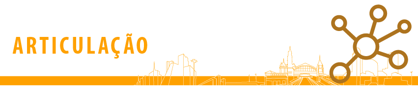 Banner superior com fundo branco, escrito em amarelo Articulação e uma ilustração com um círculo central ligado a outros cinco círculos menores. O banner possui ainda uma barra amarela inferior e um contorno dos principais monumentos da cidade de São Paulo.