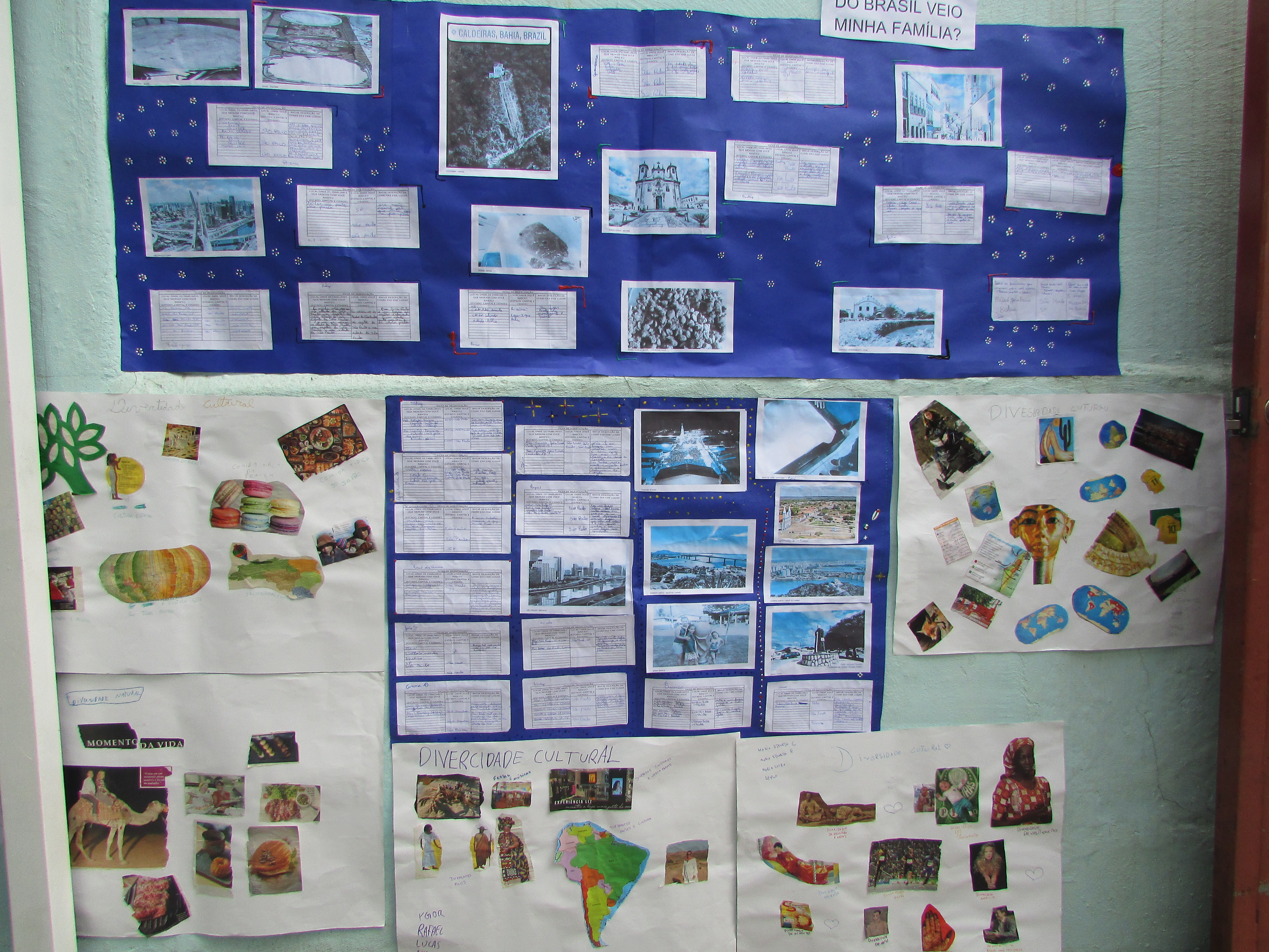 Sete cartolinas com dezenas de cortes de jornal e imagens explicando um pouco sobre cada região do Brasil.