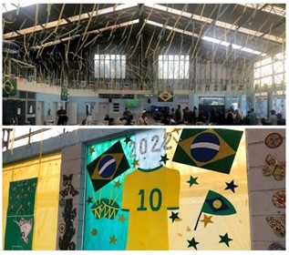 Decoração verde e amarela no Centro de Acolhida Barra Funda 