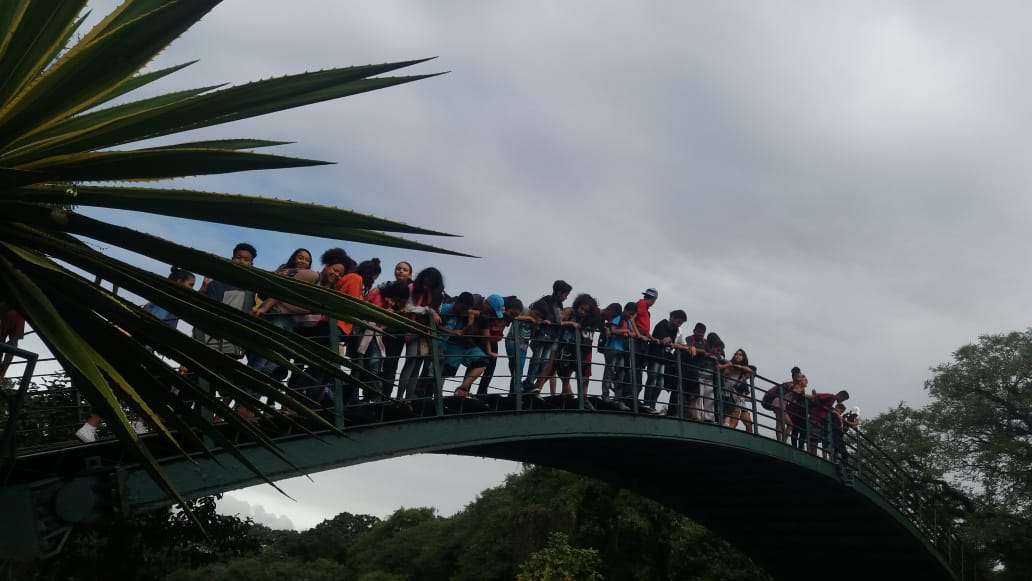 Jovens garotos e garotas em ponte sobre lago dentro do Parque Ibirapuera