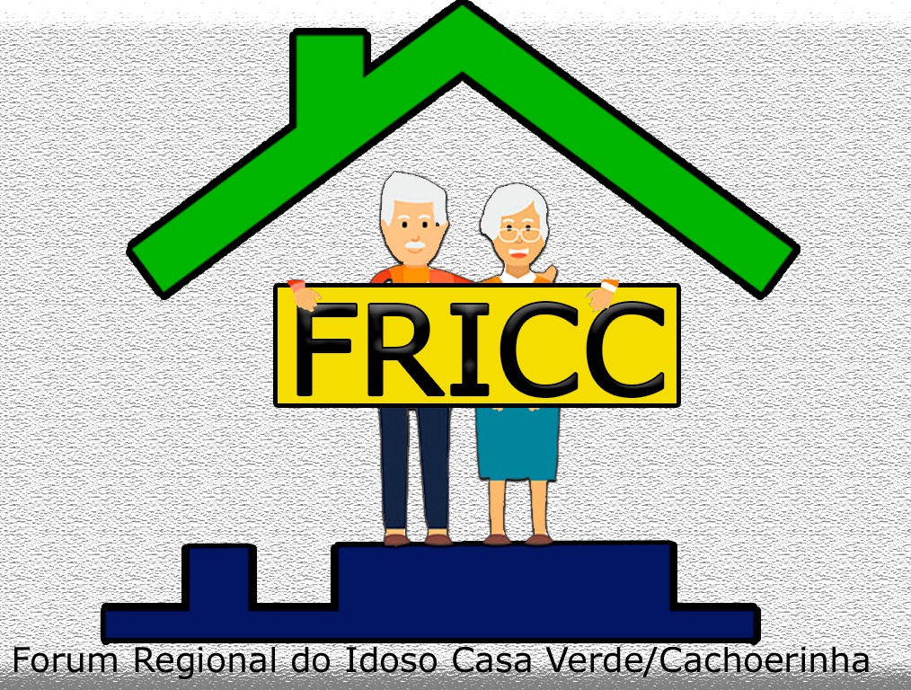 Imagem em desenho mostrando um casal de idosos embaixo de um telhado, segurando uma placa escrita FRICC, sigla do Fórum Regional do Idoso Casa Verde/Cachoeirinha.
