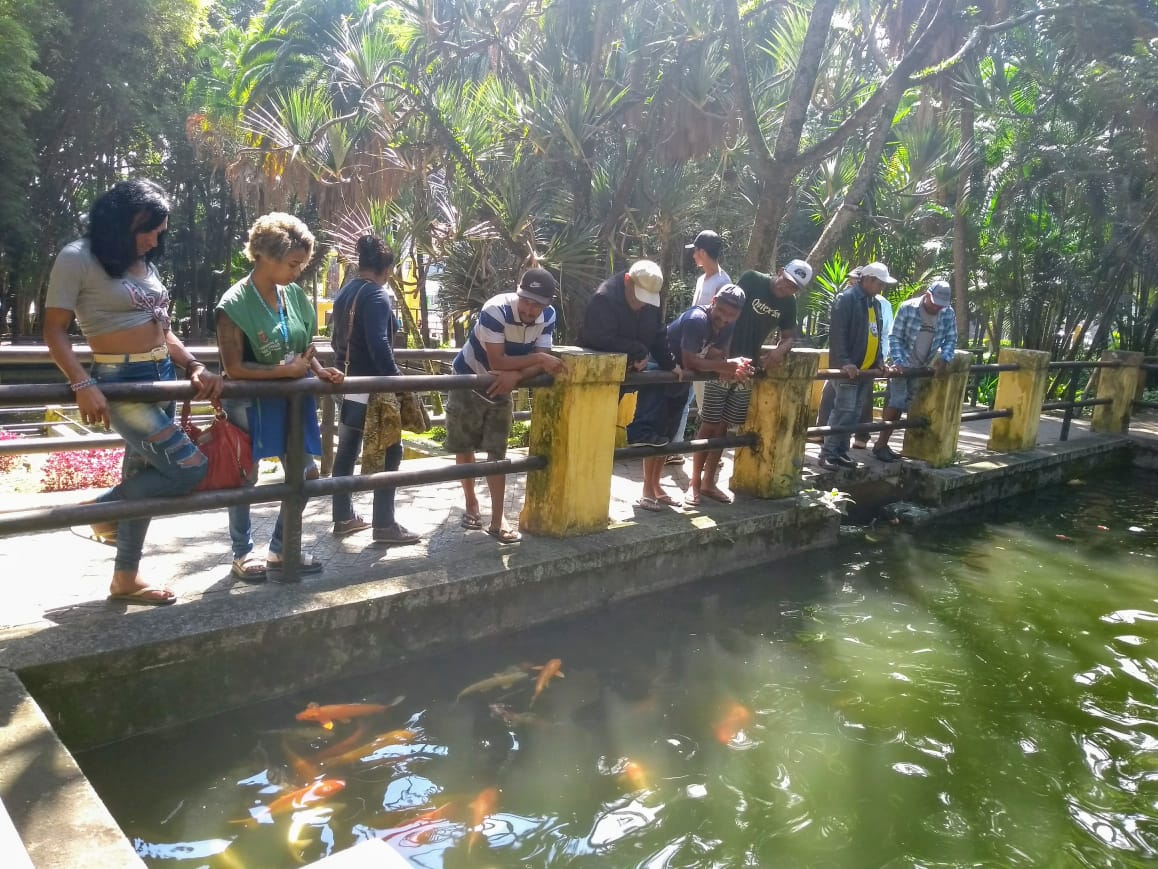 Dez conviventes estão na beirada de um lago. Todos observam os peixes que estão nadando