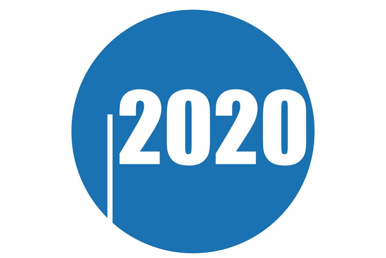 Ilustração - Círculo azul escrito em branco “2020”