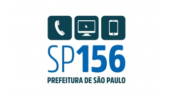 Imagem como símbolos: telefone fixo. Computador. Aparelho Celular. Como texto tem a mensagem: SP156 PREFEITURA DE SÃO PAULO.