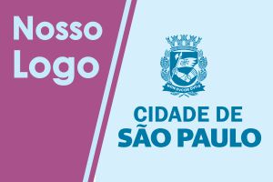 imagem com os dizeres "nosso logo" sobre fundo purpura e ao lado esquerdo o brasão da cidade de São Paulo