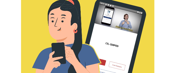 ilustração de uma jovem usando o celular atrás a tela da CIL aberta com a intérprete de Libras.