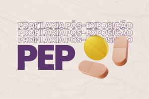 Imagem com fundo bege e o texto PEP. Há comprimidos nas cores laranja e amarelo.