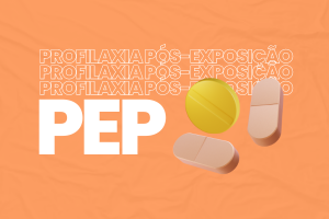 Imagem com fundo laranja e o texto PEP. Há comprimidos nas cores laranja e amarelo.