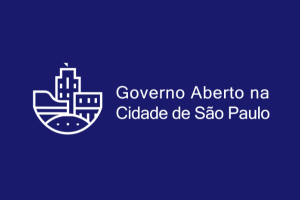 Imagem de fundo azul escuro com os dizeres "Governo Aberto na Cidade de São Paulo" e uma figura com prédios em branco.