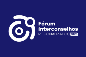 Imagem com o fundo azul escuro e os dizeres "Fórum Interconselhos - Regionalizados 2023" em branco e ao lado o logotipo do evento, com figuras abstratas em branco.