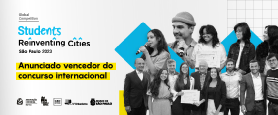 Global Competition. Studentes Reinventing Cities São Paulo 2023. Anunciado vencedor do concurso internacional. Logos das entidades. Fotos dos participantes e personalidades
