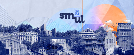 Logo SMUL 2024. Paisagem com árvore e prédios