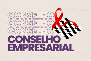 Banner com fundo bege, o mosaico de formas em preto e branco que representam a cidade de São Paulo, um laço vermelho, preto e branco. Há o texto Conselho Empresarial.