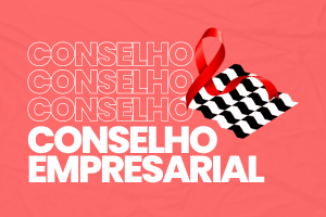 Banner com fundo vermelho, o mosaico de formas em preto e branco que representam a cidade de São Paulo, um laço vermelho, preto e branco. Há o texto Conselho Empresarial.