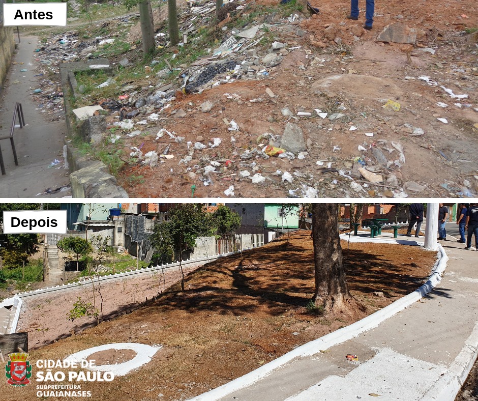 Duas fotos mostram o antes e depois de área que recebeu revitalização em Guaianases.