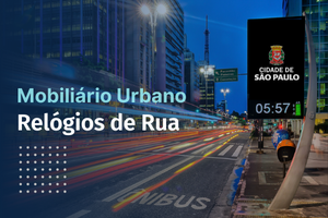 Imagem com desenho que retrata relogio de rua da cidade de São Paulo contendo a frase "Como solicitar reparo e manutenção dos relógios de rua?"