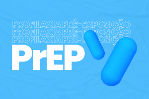 banner com fundo azul e o texto PrEP. Há comprimidos azuis.