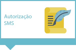 A arte possui fundo branco e detalhe nas laterais formando uma moldura na cor azul. No canto superior esquerdo está escrito em letras azuis Autorização SMS. À direita há um ícone de pergaminho e caneta de pena.