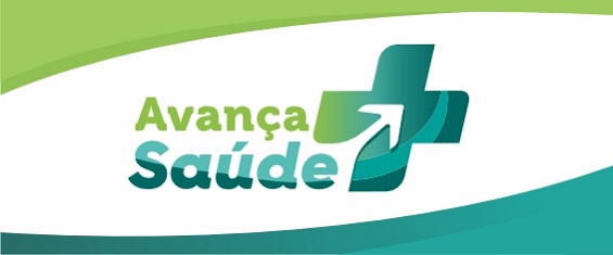 Arte com fundo branco e detalhes estilizados em tons de verde no rodapé e no cabeçalho. Centralizado, o texto Avança Saúde. Ao lado, o logo do Avança Saúde.