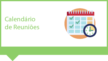 Fundo branco e detalhe nas laterais formando uma moldura na cor verde. No canto superior esquerdo está escrito em letras verdes Calendário de Reuniões. À direita, ícone de calendário e de relógio analógico.