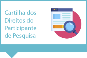 Fundo branco e detalhe nas laterais formando uma moldura na cor azul. No canto superior esquerdo está escrito em letras azuis Cartilha dos Direitos do Participante de Pesquisa. Do lado direito há uma lupa sobre um ícone que lembra uma cartilha