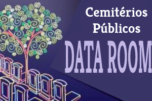 Ilustração com sepulturas e árvore com os dizeres "Cemitérios Públicos Data Room"