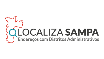 O logo do LocalizaSampa está centralizado numa imagem em branco. Do lado esquerdo há o desenho do mapa da cidade de São Paulo com uma lupa, e ao lado o título "Localiza Sampa" com a frase "Endereços com Distritos Administrativos"