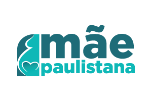 Arte possui fundo branco. À direita está escrito em letras azuis: Mãe Paulistana. Do lado esquerdo o logo lembra a silhueta de uma barriga de grávida com um coração em tons de azul.